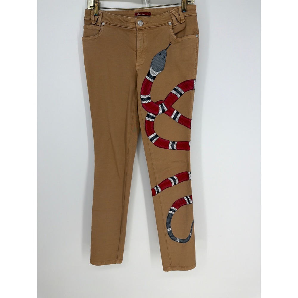 Barbara Lesser Pants Womens 4 Tan Snake Graphic Print Slim Stretch Edgy Indie
